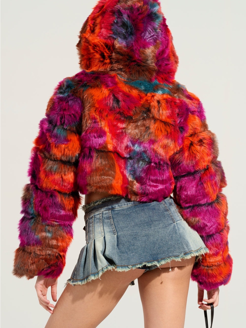 AKIRA Multicolor Faux Fur Hooded Crop Jacket in Red and Purple Tones - Picture 4 of 10